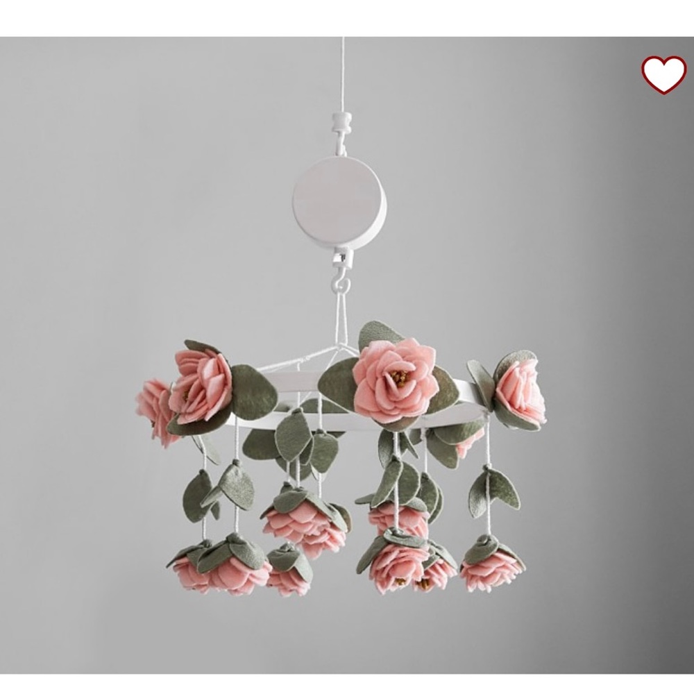 Pottery Barn Felted Pink Roses Musical Crib Mobile. White arm included!